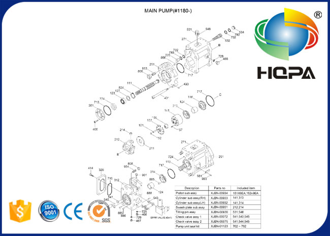 XJBN-01123 XJBN01123 hydraulische Hauptpumpen-Dichtungs-Ausrüstung für Hyundai R290LC-7
